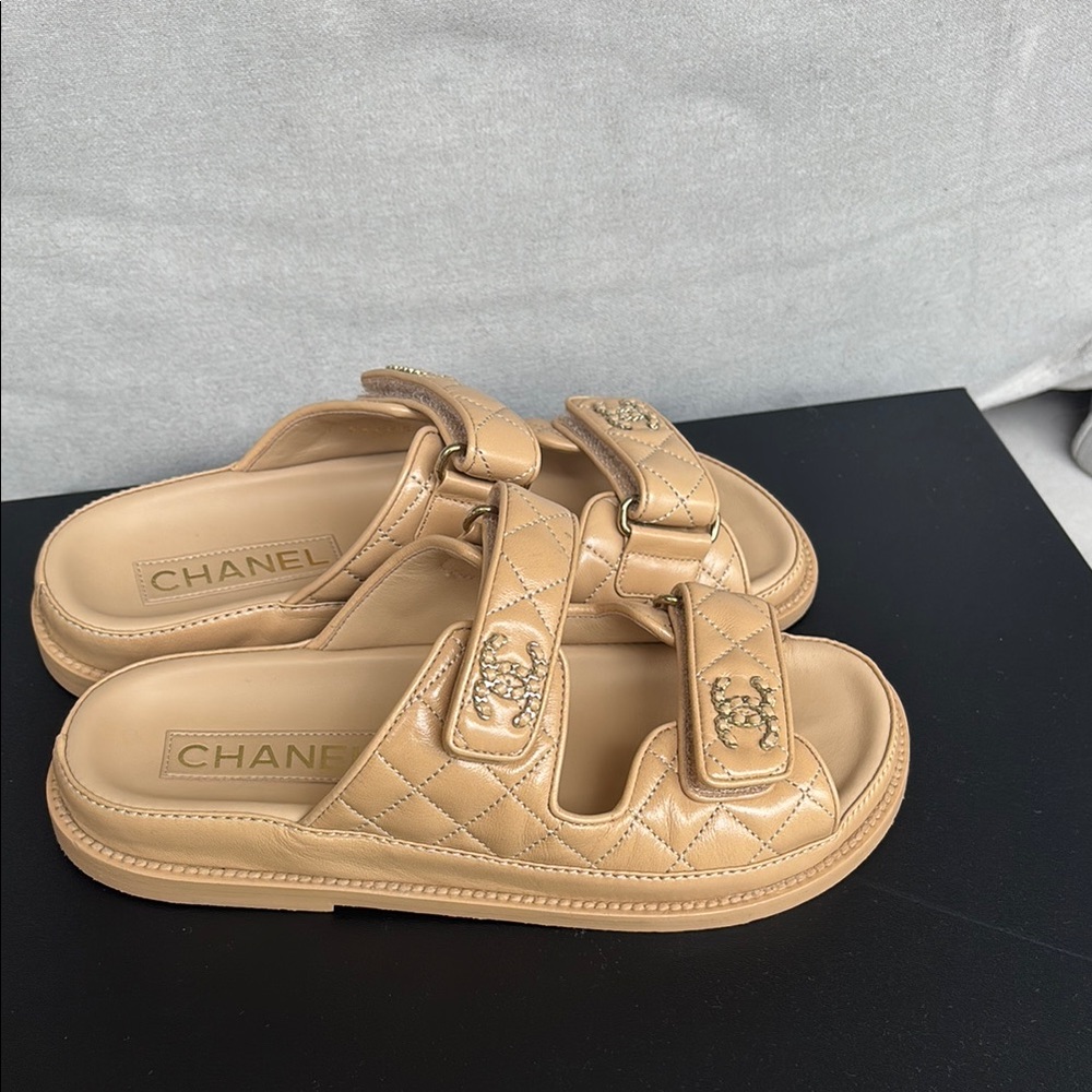 CHANEL Tan Quilted Slide Sandals - Picture 3 of 4